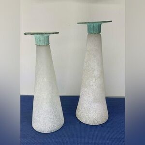 Toyo Scavo v Corroso Candlestick Holders Blown Glass & Verdi Gris Bronze Vintage